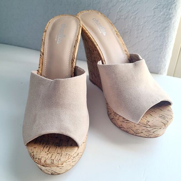 Charles David Genuine Suede Leather Open Toe Wedge Womens 9M Cork NWOB - Picture 1 of 4